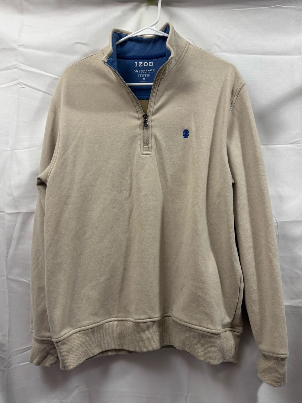 Izod Men’s Quarter-Zip Pullover Beige with Blue Accents buttery soft stretch Med